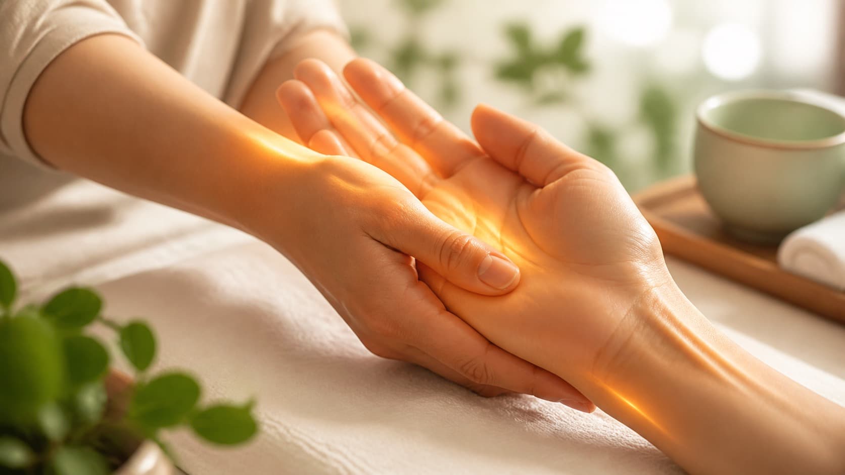 Bàn tay được massage nhẹ với ánh sáng ấm gợi tuần hoàn mao mạch