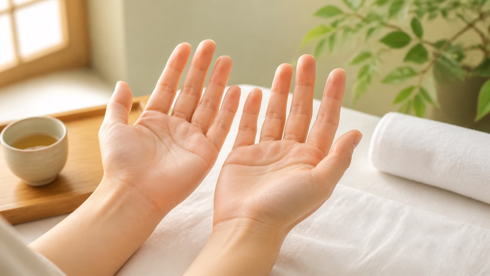 Hai bàn tay mở trong không gian spa minh họa Thập Chỉ Liên Tâm