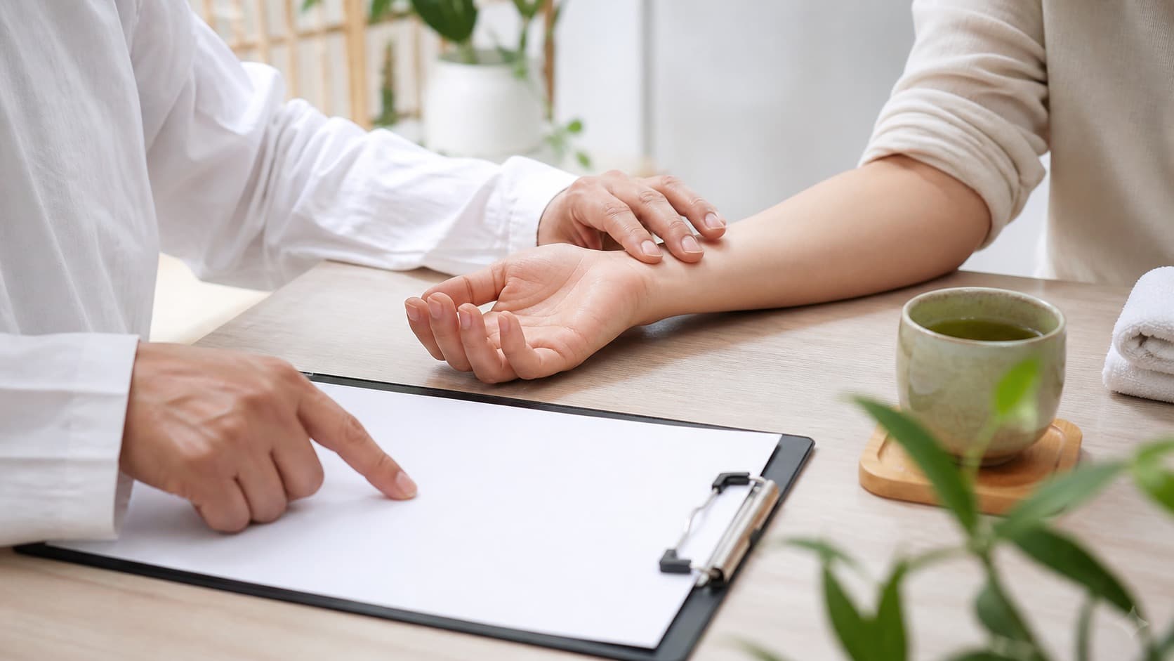 Tư vấn an toàn trước khi bấm huyệt với cổ tay và phiếu thông tin trống