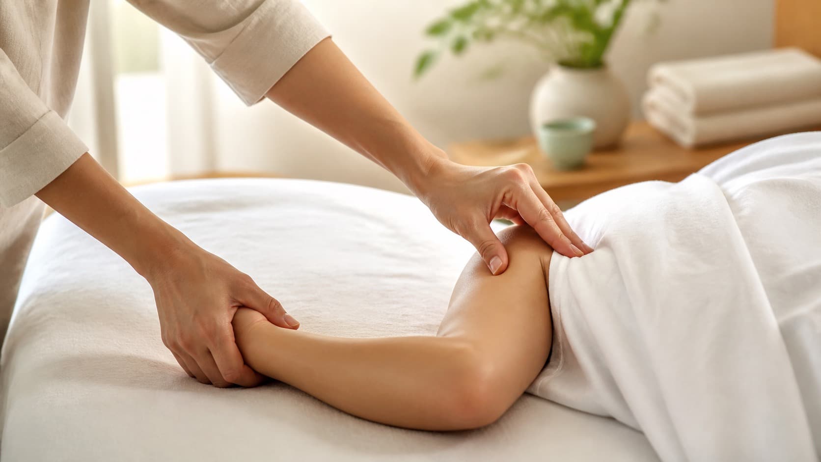 Kỹ thuật viên bấm huyệt chăm sóc vùng vai và cổ tay trong phòng spa